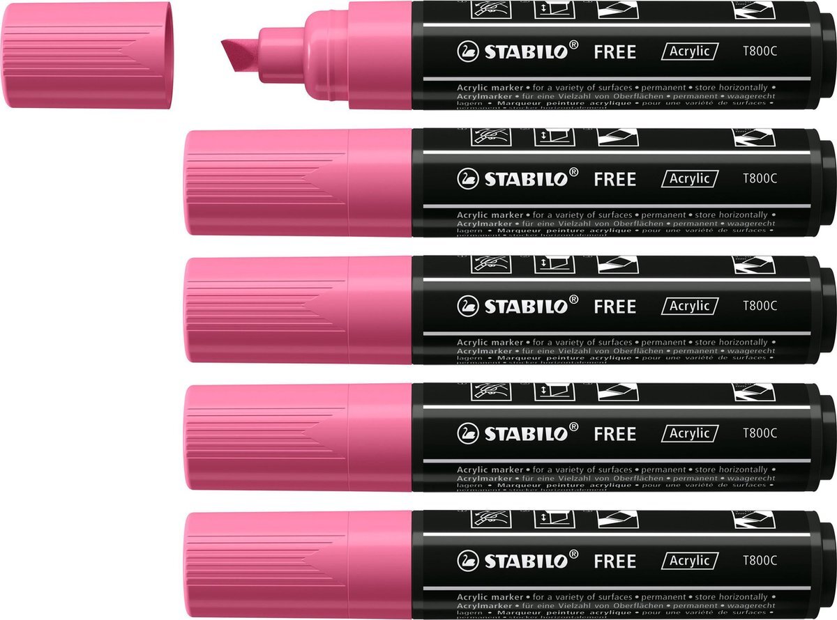 Stabilo FREE - Acryl Marker - T800C - Schuine Punt - 4-10 mm - Taffy Roze - Doos 5 stuks