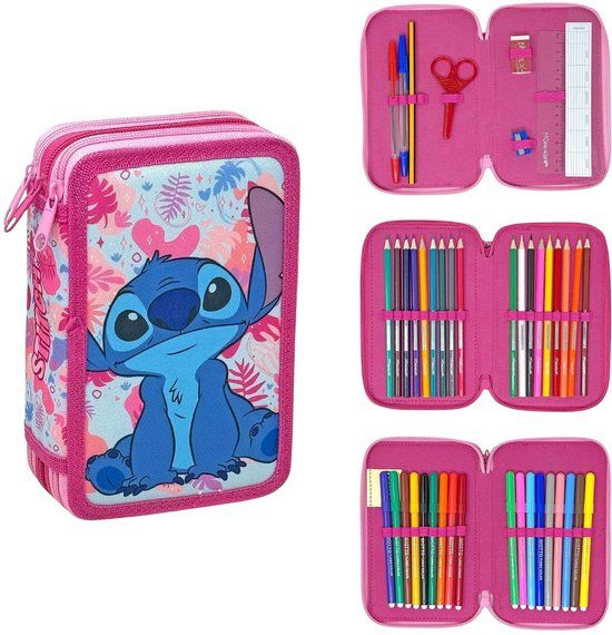 Lilo & Stitch Gevulde Etui - 3 Vaks Pennenetui - 44 delig - Roze