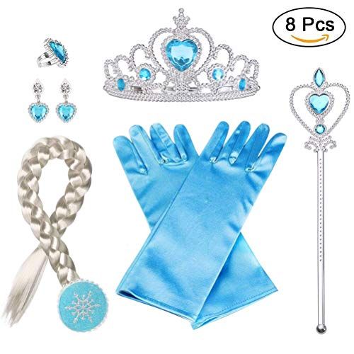 Vicloon Elsa Princess Aankleedaccessoires Set van 8 - Crown Wand Blauwe Handschoenen Tiara vlechten Ketting Ring Oorbellen