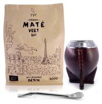 YVY MATÉ – Mate-set Torpedo – Kalabas (aus Leder) + Bombilla (Strohhalm) + Biologische Yerba Mate Grün 500 g – Traditionelle Geschenkverpackung