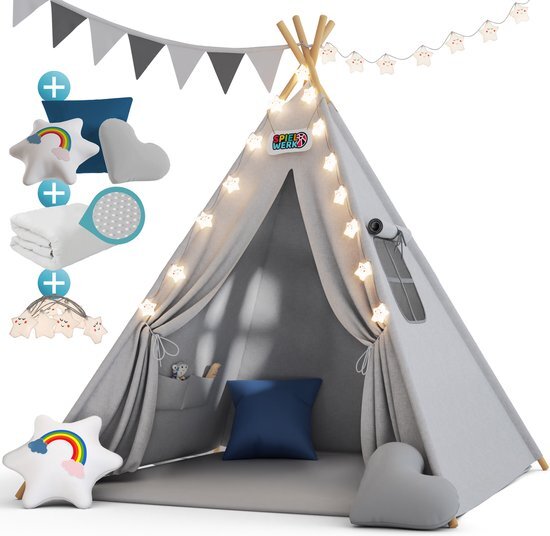 spielwerk Speeltent met 3 Kussens – LED licht - 120x120x160cm – Blauw