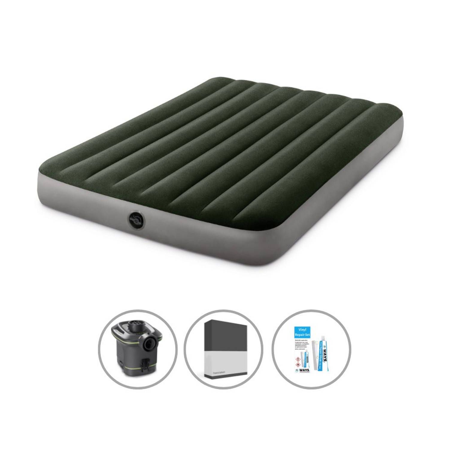Intex Luchtbedset Twijfelaar 137 x 191 x 25 cm Groen + Hoeslaken Zwart + Reparatieset