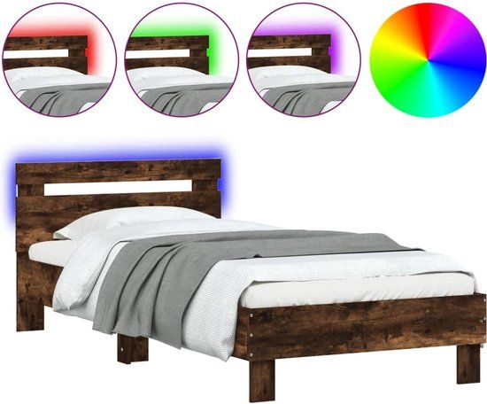 vidaXL Bedframe met hoofdbord en LED gerookt eikenkleurig 75x190 cm