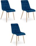 LEOBERT Set van 3 eetkamerstoelen SPLIT - Donkerblauw fluweel - Eikenlook poten - Modern design