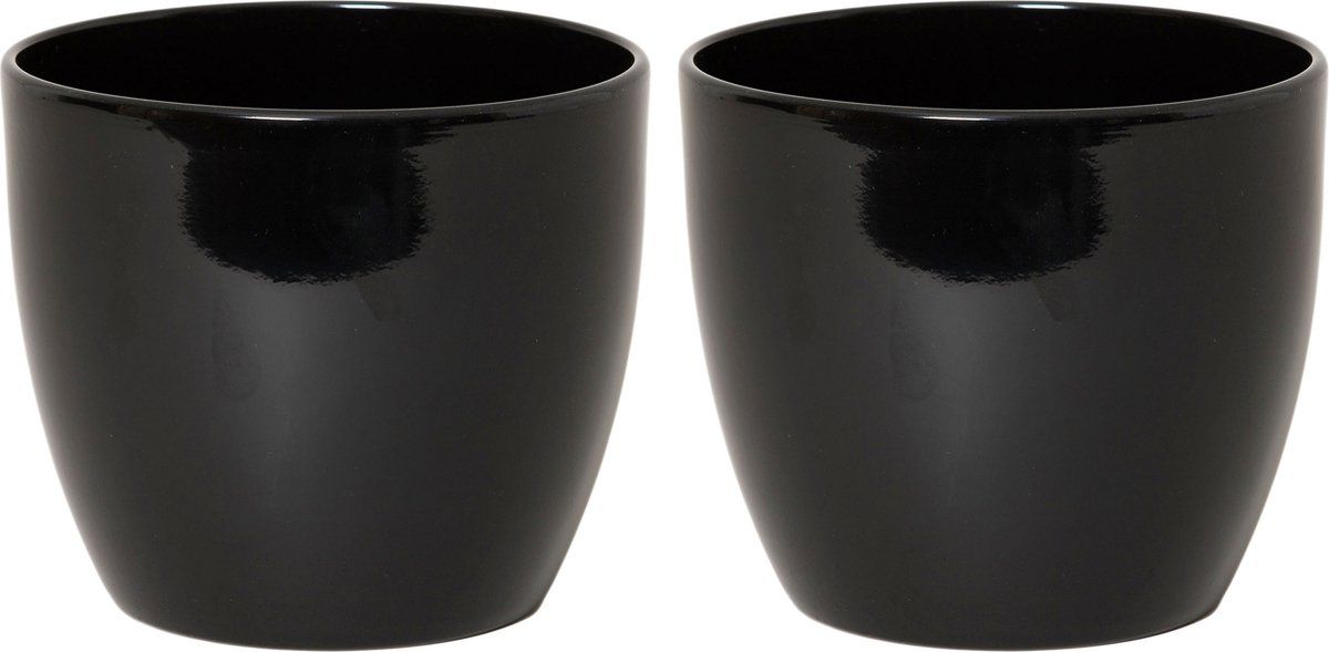 Floran Set van 2x bloempotten glanzend zwart keramiek H19 x D22.5 cm - Binnen gebruik