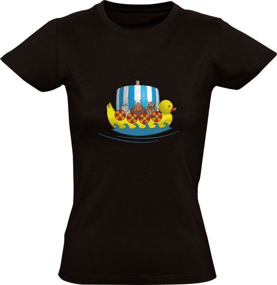 Viking Eend Schip Dames T-shirt - Zwart - Maat S