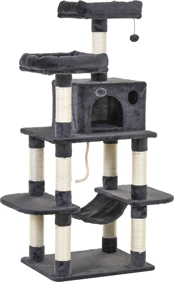 Pawhut Kattenboom kattenhuis hangmat met sisalpalen pluchen speelbal, donkergrijs D30-283