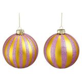 Mica Decorations Kerstballen glas streep goud lila - 2 stuks (ø10 cm)