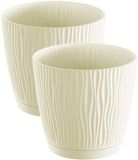 Prosperplast Pot/pot de fleurs Waves - 2x pièces - plastique - blanc crème - D13 x H12 cm - intérieur/extérieur - avec soucoupe