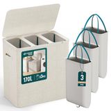 VOUNOT® Wasmand, 170 l, rechthoekig, 3 vakken, grote capaciteit, met deksel en 3 afneembare zakken, zelfverstelbaar, met handgrepen, voor badkamer, slaapkamer, familie en wasruimte, beige