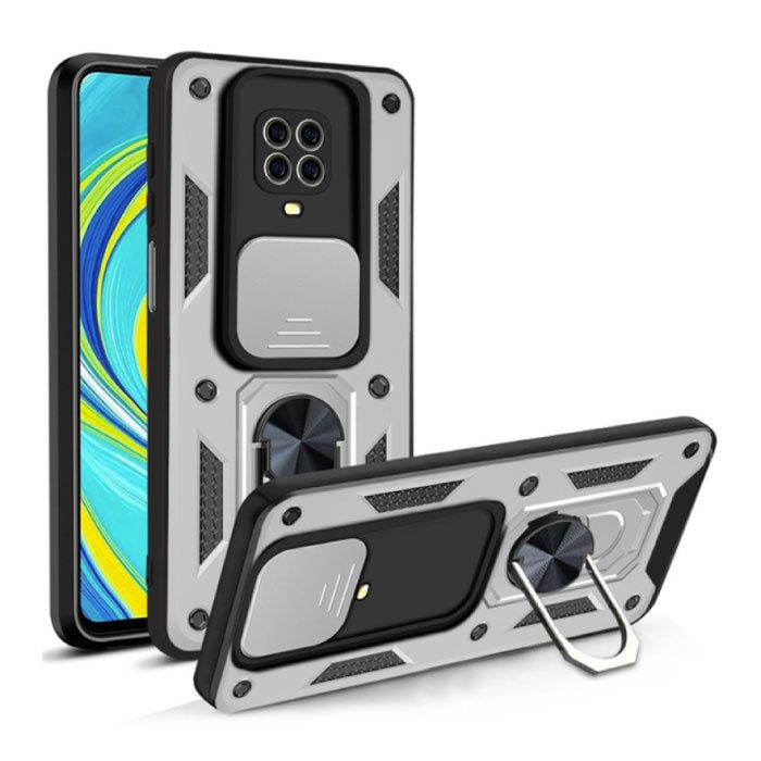 CYYWN Xiaomi Redmi Note 10 Pro Max - Armor Case with Kickstand and Camera Slide - Silver