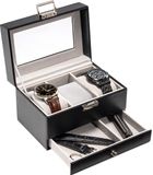 ProCase horlogebox met 3 compartimenten, horlogebox met glazen deksel, horlogekast met uitneembare horlogekussentjes, horlogebox - zwart
