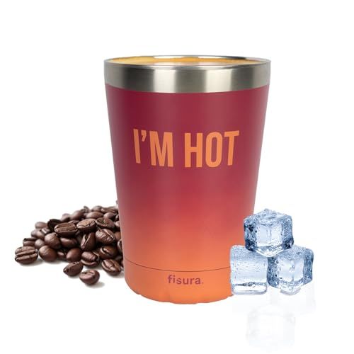 Fisura – Originele thermosbeker "I'm hot". Thermosbeker voor koffie om mee te nemen, granaatrood verloop. Koffiekopje 310 ml. Thermische roestvrijstalen beker. BPA-vrij. Autobeker.