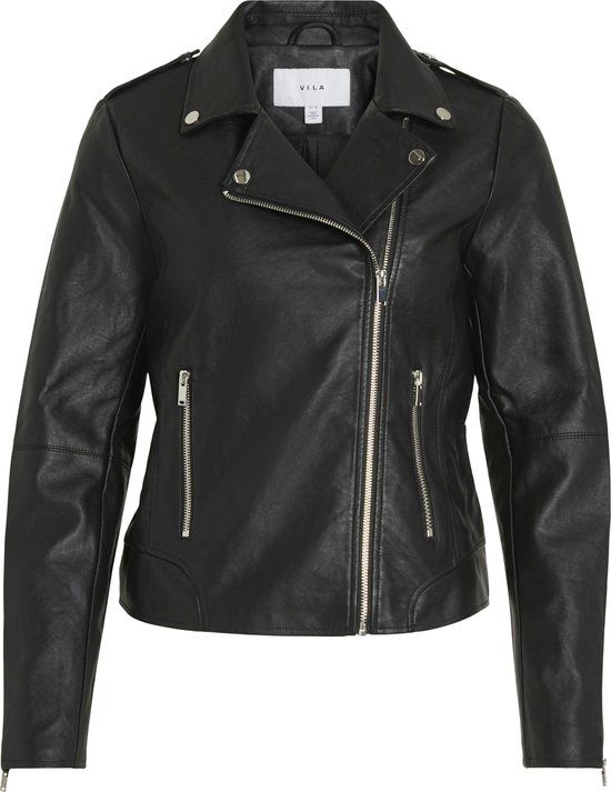 VILA VICARA - Imitatie leren bikerjack - Zwart - Maat 2XL - Vrouw