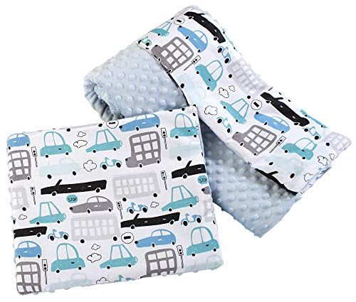 Medi Partners Babydeken kruipdeken met kussen 100% katoen MINKY kinderdeken groot tweezijdig 75x100 + 35x30cm multifunctioneel voor bed kinderwagen (Cars met lichtblauw Minky)