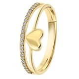 Lucardi Dames Dubbele ring hart en zirkonia - Ring - Cadeau - 14 Karaat Goud - Geelgoud