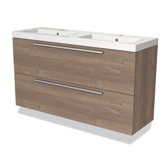 Maxaro Badkamermeubel 120cm Modulo Slim Middenbruin Eiken 2 Lades Vlak Wastafel Mineraalmarmer