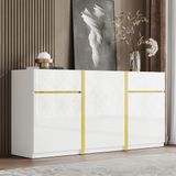 OKWISH Dressoir – Hoogglans Opbergkast – 160 x 40 x 78 cm – 3 Deuren 2 Laden – Wit Met Gouden Details