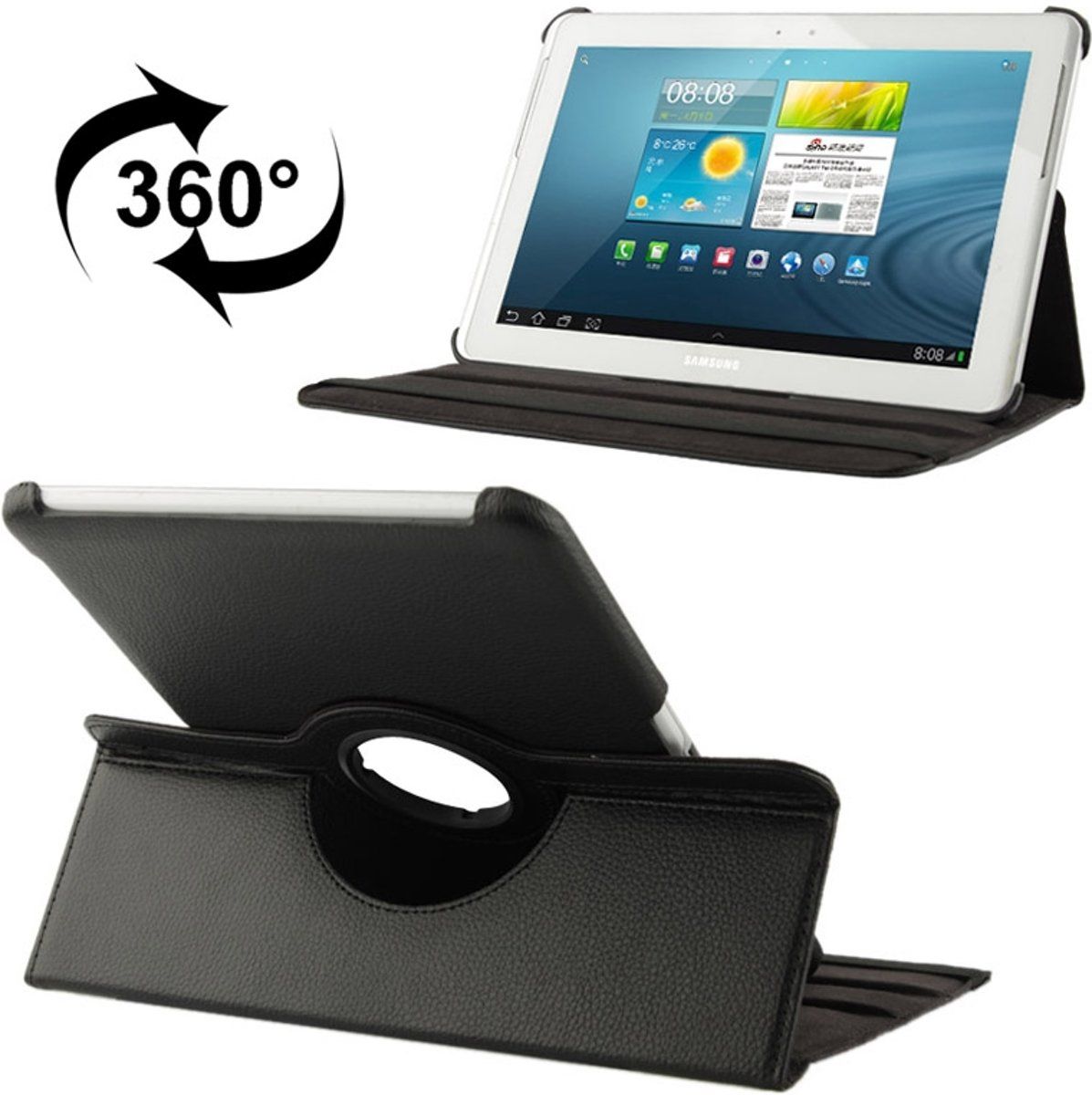 Samsung Galaxy Tab 2 10.1 / P5100 zwart - 360 graden draaiend Litchi structuur lederen hoesje met houder