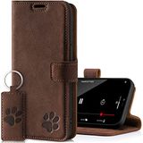 SURAZO Premium telefoonhoes voor Samsung Galaxy A14 5G, echt lederen hoes met pootmotief, vintage klaphoes met standaard, kaartenvak en sleutelring, handgemaakte RFID-beschermhoes (notenbruin)