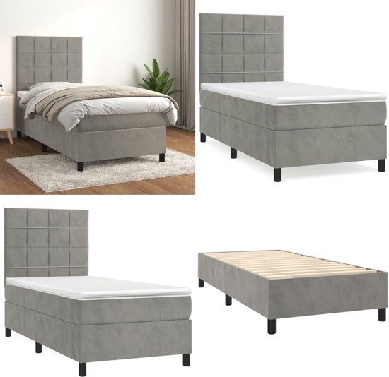 vidaXL Boxspring met matras fluweel lichtgrijs 90x200 cm