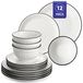 MALACASA, service de table 12 pièces en porcelaine avec bordure noire, un service combiné pour 4 personnes, composé de : assiettes plates, assiettes à dessert et bols