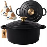 Hage - Geëmailleerde Gietijzeren Stoofpan - Braadpan met Deksel - 4L - Ø24 cm - Mat Zwart