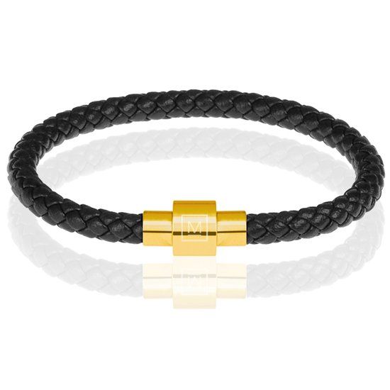 Memphis armband leer met edelstaal Zwart Goudkleurig-19cm