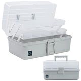 Creahaus 33 cm 3-laags multifunctionele opbergdoos, ambachtelijke opbergdoos met compartimenten, plastic gereedschapskist, medicijnopbergdoos, haaraccessoires organizer, naaidoos met 2 trays (grijs)