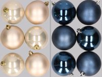 Merkloos / Sans marque 12x stuks kunststof kerstballen mix van champagne en donkerblauw 8 cm - Kerstversiering