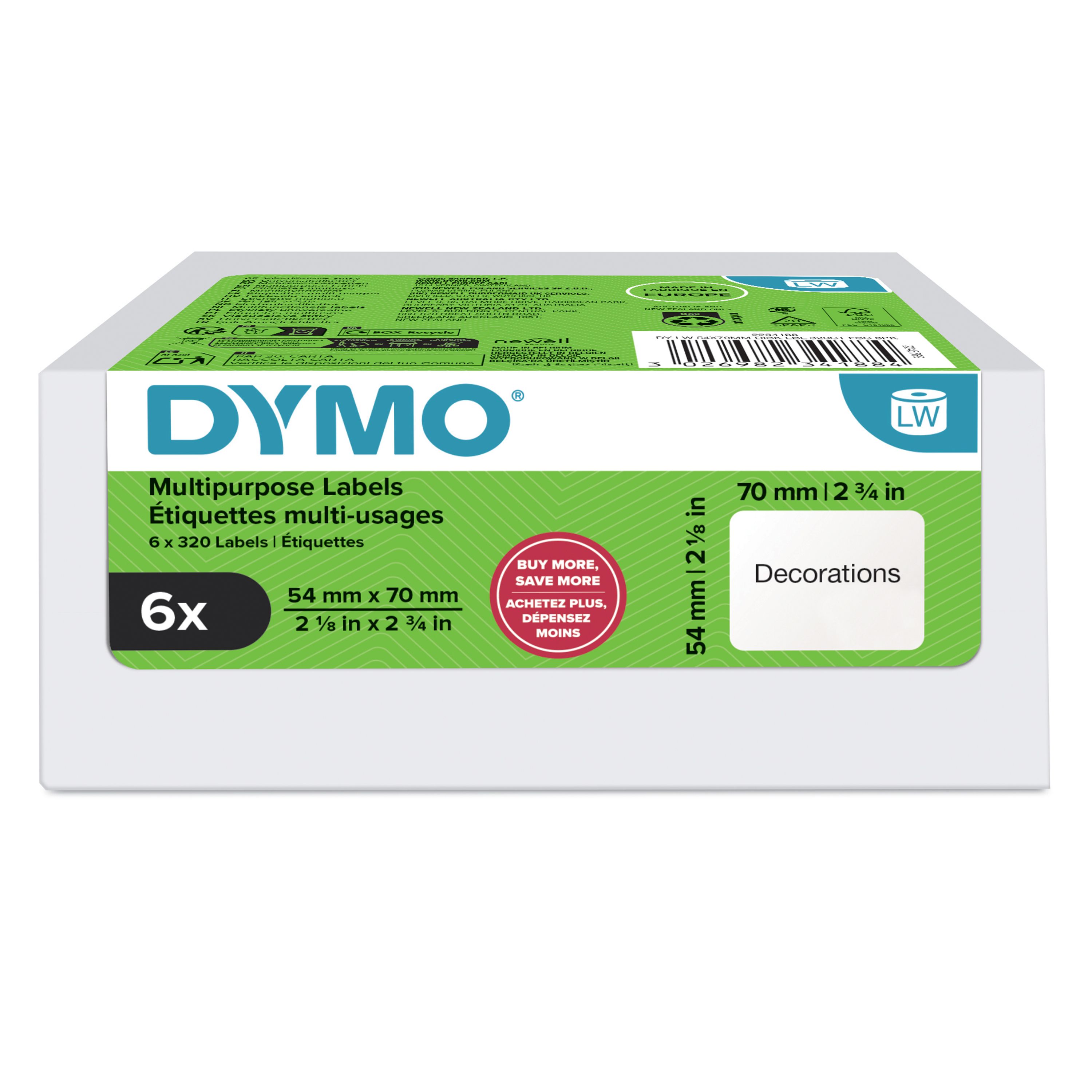 DYMO Originele Multifunctionele LabelWriter Labels | Wit | 54 mm x 70 mm | 6 Rollen | 1920 Etiketten