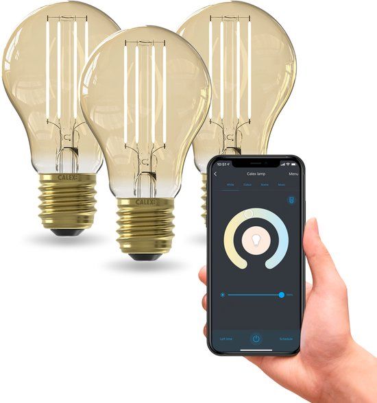 Calex Slimme LED Lamp - Set van 3 stuks - Wifi Filament Verlichting - E27 - Smart Lichtbron Goud - Dimbaar - Warm Wit licht - 7W