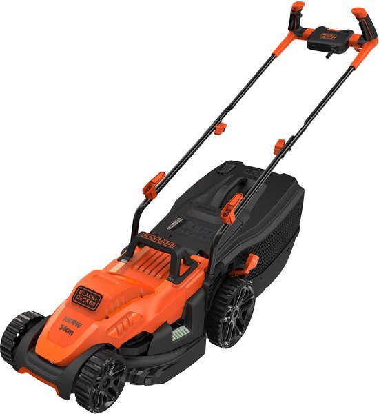 BLACK+DECKER BEMW461BH-QS Tondeuse à Gazon Filaire 6 Hauteurs, 1400 W, Orange, 34 cm