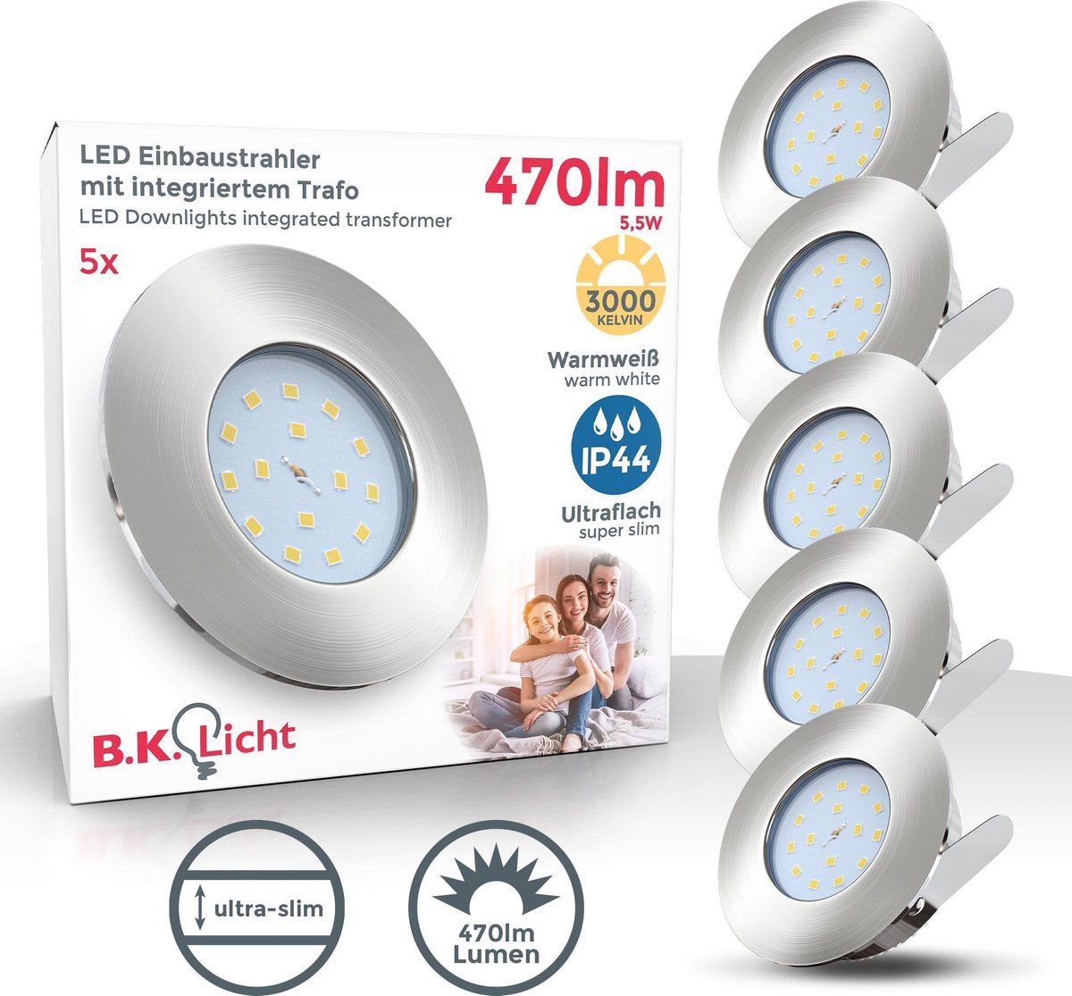B.K.Licht - Inbouwspots badkamer - LED - 6 stuks - dimbaar - IP44 - Ø7.5cm - 3.000K - 450Lm - 5.5W - nikkel
