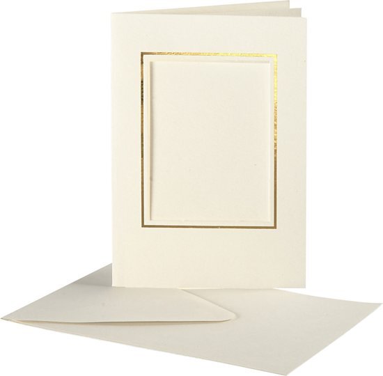 creotime Passepartout Kaarten , afmeting kaart 10,5x15 cm, off-white, rechthoek met gouden rand, 10 sets