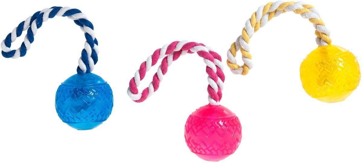 FLAMINGO Dog toy TPR ball w. rope colour ass., dia 7cm