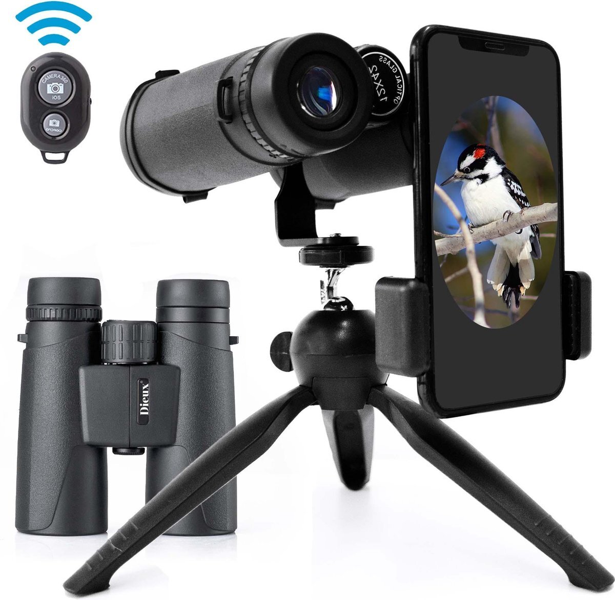 Dieux Verrekijker 12x42 - Vogelkijker - Met Smartphone Houder – Tripod - Complete Set - Statief – Brildragers - Lichtgewicht - Compact - Vogelaars Bluetooth - Fotografie - Filmen - Cadeau voor man - Kinderen