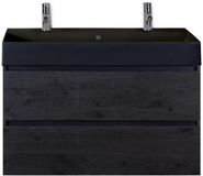 BES LED Maxx XL Badmeubelset 100 cm - Black Oak - Wastafel Kube Zwart 2 Kraangaten