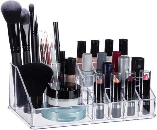 Relaxdays Cosmetica organizer - cosmeticahouder - make up toren - doorzichtig - 16 vakken goud