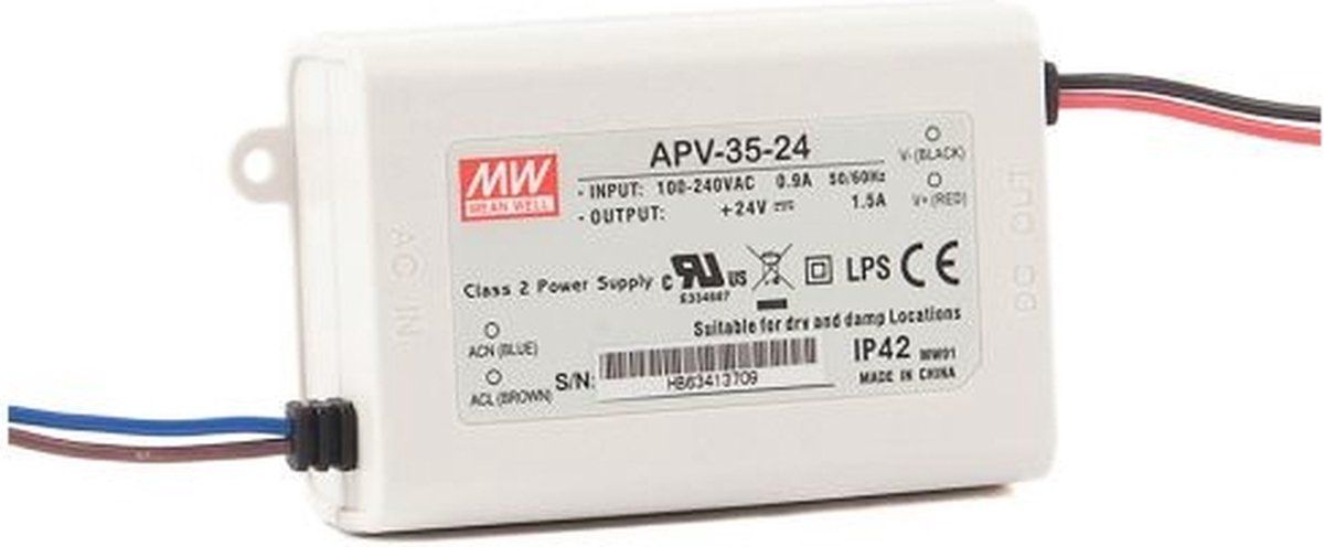 Mean Well LED Trafo 35W 24V DC 1500mA IP30 CV - Wit