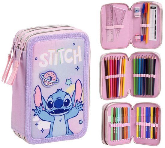 CERDÁ LIFE'S LITTLE MOMENTS Stitch Etui Meisjes – 44-delig Tekenetui – Gevuld 3-vaks Pennenzak met Kleurrijke Inhoud