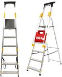 KADAX Aluminium ladder met leuning, trapladder, belastbaar tot 150 kg, ladder in 3 versies, inklapbare huishoudladder met vak voor kwast en antislipvoeten (6 treden)