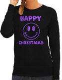 Bellatio Decorations foute kersttrui/sweater dames - Happy Christmas - zwart - glitter paars - Smile / Emoticon S