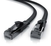 Primewire LAN-kabel CAT 8.1, plat netwerkkabel, 40 Gbit/s, patchkabel, U/FTP afgeschermd, RJ45-connectoren met beschermende mantel, vergulde contacten, katoenen omhulling, 10 meter, zwart