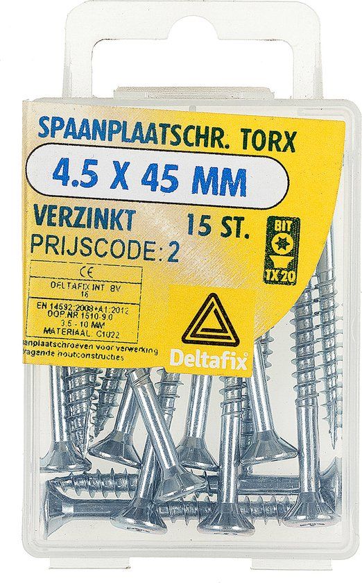 Deltafix Spaanplaatschroef platkop Torx 4.5 x 45 mm Verzinkt 15 stuks