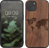 kwmobile telefoonhoesje geschikt voor Apple iPhone 14 - Houten hoesje met bumper - Donkerbruin Wereldkaart design