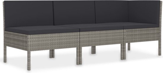 vidaXL 3-delige Loungeset met kussens poly rattan grijs