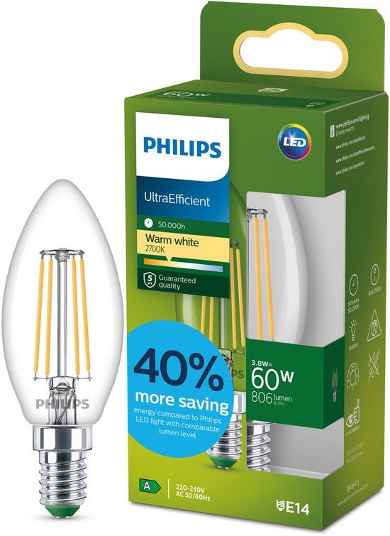 Philips LED E14 LED Lamp - 3.8W - 2700K - Warm White - Clear Glass - 806 lm - 5 Year Warranty