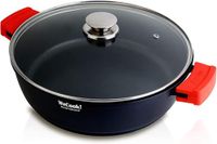 WECOOK! Ecostone Inductiekookpan met glazen deksel, 32 cm, XTRA Dupon-antiaanbaklaag, zonder PFOA, gegoten aluminium, 5 mm dik, 7,5 cm hoog, siliconen handgrepen, glaskeramiek, gas