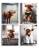 HUACANVASART Grappige Highland Cow Badkamer Wall Art Prints, Bruine Koe Vintage Humor Dier Kunstwerk voor Badkamer Boerderij Decoratie Kinderbadkamer Decoratie, Set van 4 (20 x 25 cm, Niet ingelijst)